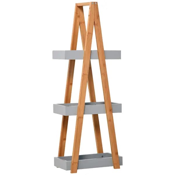 Image of kleankin Bathroom Storage Shelves, 3-Tier Slim Shelving Unit, Freestanding Bamboo Shelf Unit, A Frame Space Saver Toilet Rack, Natural