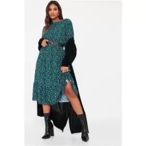 Image of I Saw It First Emerald Green Woven Floral Print Puff Sweetheart Tea Dress - Green