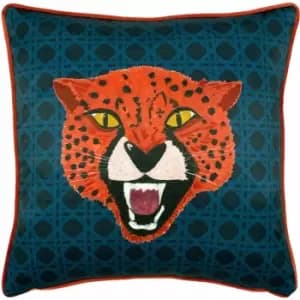 Image of Furn Untamed Cheetah Print Piped Edge Cushion Cover, Blue, 43 x 43 Cm
