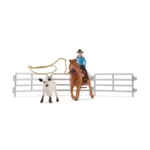Image of Schleich Farm World Cowgirl Team Roping Fun Toy Playset, 3 to 8...