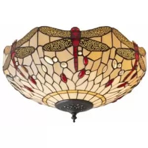 Image of Loops - Tiffany Glass Semi Flush Ceiling Light Dragonfly Round Inverted Shade i00043
