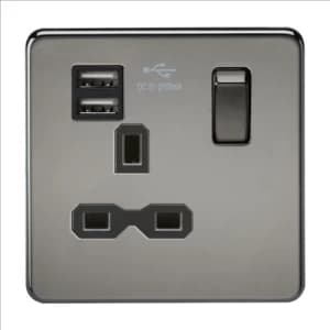 Image of KnightsBridge 13A 1G Screwless Black Nickel 1G Switched Socket with Dual 5V USB Charger Ports - Black Insert