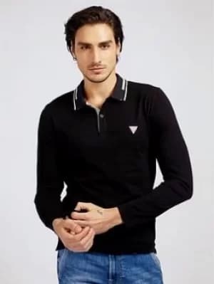 Image of Guess Guess Jeans Classic Tipped Jersey Long Sleeve Polo Shirt, Jet Black, Size 2XL, Men
