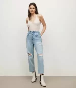 Image of AllSaints Womens Hailey High-Rise Straight Damaged Jeans, Light Indigo, Size: 10