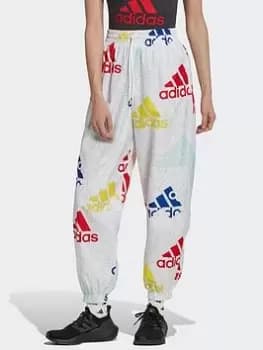 Image of adidas Essentials Multi-colored Logo Loose Fit Woven Tracksuit Bottoms, Dark Grey Size XS Women