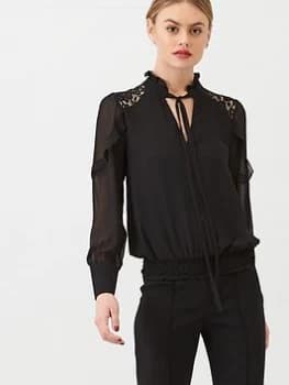 Image of Oasis Lace Trim Pussybow Blouse, Black, Size 10, Women