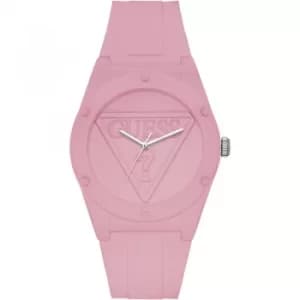 Image of GUESS Retro Pop pink silicone watch with pink logo dial.