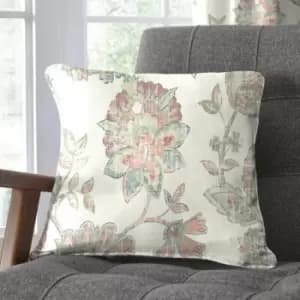 Image of Dreamsdrapes - Dreams & Drapes Indira Floral Print 100% Cotton Piped Edge Filled Cushion, Coral/Natural, 43 x 43 Cm