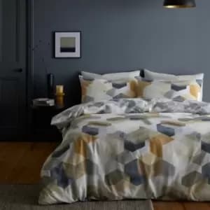 Image of Bianca Hexagon Geometric Print 100% Cotton Reversible Duvet Cover and Pillowcase Set, Grey/Ochre, King