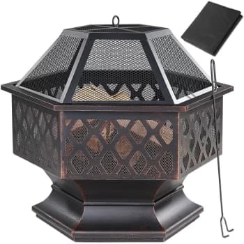 Image of Fire Pit Hexagonal 70x60.5cm Steel Modern Spark Protection Fireplace Fire Bowl Fire Garden Terrace Grate - Gardebruk