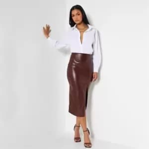 Image of I Saw It First Faux Leather Split Hem Midi Skirt - Black