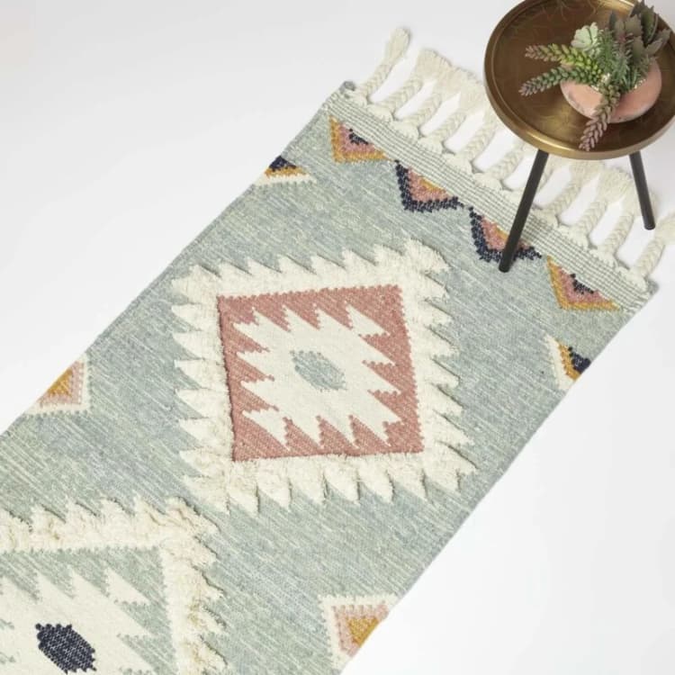 Image of Homescapes Tenali Blue Kilim Runner Wool Rug 66 x 200cm Size: 66cm x 200cm Blue Unisex 66cm x 200 cm