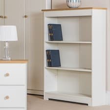 Image of Colorado Low Narrow White Bookcase, Oak Effect Top, Adjustable Shelves, Compact