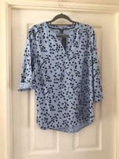 Image of NEW Blue/Black Pattern V Neck Shirt with 3/4 Length sleeves Size 14 By M&CO
