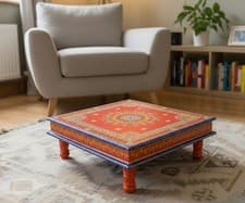 Image of Indian Bajot Table 46cm Orange Wooden Hand Painted Boho Coffee Table