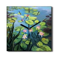 Image of Silent Clock Canvas 30x30 Painting Lake Floral Leaves Flowers Water Wall Decor