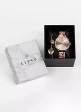 Image of Lipsy Pink Floral Strap Watch With Rose Gold Heart Bracelet Set Boxed - New LA50