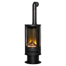 Image of Acantha Orbit Cylinder Electric Stove in Black with Tall Angled Stove Pipe in...