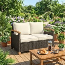 Image of 2 Seater Rattan Garden Sofa with Thick Cushions, Acacia Wood Armrests