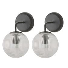 Image of Pair Of Wall Light Fittings Ribbed Glass Globe Lampshades Living Room Bedroom