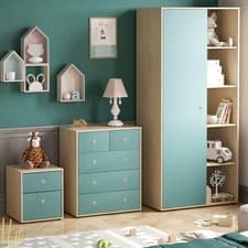 Image of 3 Piece Kids Bedroom Furniture Set – Wardrobe, Chest, Bedside Table Blue Oak
