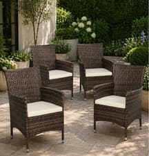 Image of Brown Rattan Dining Chairs Set 4 Outdoor Patio Furniture Cushion Seat Armchairs