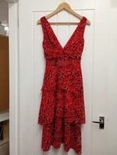 Image of BNWT Quiz Red And Black Chiffon V Neck Tiered Midi Dress Size 8 RRP £40