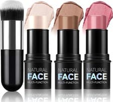 Image of Contour, Highlight, and Blush Stick Set - 3Pcs with Brush, Long-Lasting Formula