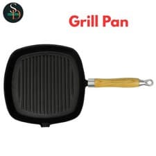Image of Cast Iron Grill Pan BBQ Skillet Wooden Handle Ribbed Griddle Base Kitchen vidaXL