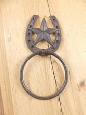 Image of Western Star & Horseshoe Cast Iron Towel Ring Rustic Country Bathroom Accent