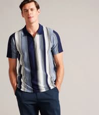 Image of TED BAKER Polo Shirt Mens TB 3 UK M Walraf Blue Stripe Textured Zip Top Polo NEW