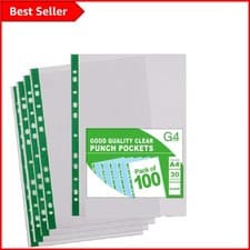 Image of Durable 100 Pcs A4 Punch Pockets - 30 Micron for Efficient Filing & Protection