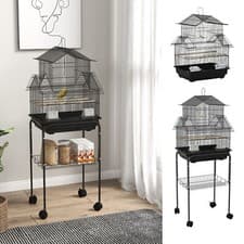 Image of Metal Bird Cage w/ Plastic Perch Food Container Handle 50.5 x 40 x 63cm Black