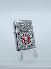 Image of Genuine BRUSHED CHROME ZIPPO Lighter SKULL ON RED STAR INDUSTRIAL DESIGN BNIB