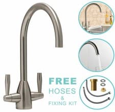 Image of Modern Mono Kitchen Sink Mixer Tap Twin Lever Chrome Brushed Swivel Spout Faucet