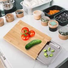 Image of WOODEN BAMBOO CHOPPING BOARD CUTTING SLICING WITH SLIDING STAINLESS STEEL TRAY