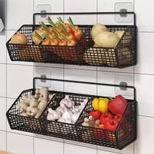 Image of Wall Mounted Wire Storage Basket Vegetable Fruit Rack Kitchen Organiser Shelf