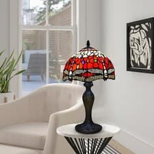 Image of Tiffany Style Table Lamp Red Dragonfly 10 inch Stained Glass Shade Multicolor UK
