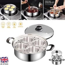 Image of Egg Poacher Poached Egg Maker Pot Egg Poaching Pan 4 Bowls Stainless Steel UK