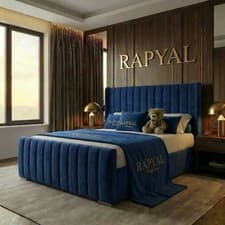Image of OTTOMAN STORAGE BED PANEL PLUSH VELVET UPHOLSTERED BED FRAME- WINGED HEADBOARD