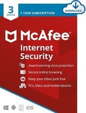 Image of McAfee Internet Security Antivirus 2021/2022, 3 Devices, 1 Year Code Emailed NEW