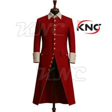 Image of Custom Red Regency Frock Coat White Trim 18th Century Historical Costume