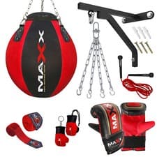 Image of Heavy Filled Wrecking ball boxing punch bag set, wall bracket or hook blk/ red