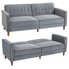 Image of HOMCOM Convertible Sofa Futon Velvet-Touch Tufted Couch Sofa Bed Dark Grey