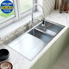 Image of Stainless Steel Kitchen Sink 1.5 Bowl LH Drainer Modern Inset Strainer Waste