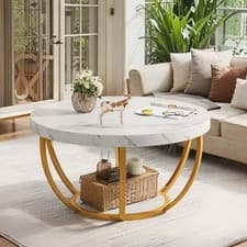 Image of Modern Round Coffee Table, 2-Tier Circle Center Table with Faux White Marble