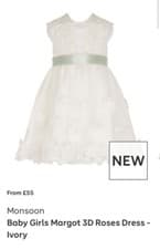 Image of Monsoon 3D Rose Ivory Flower Girl Dress With Sage Green Ribbon Belt Age 2-3 Year