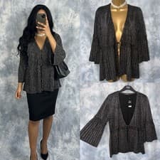 Image of BNWT Women's Bm Black Silver Metallic Shimmer 3/4 Sleeve Knit Cardigan Size 16