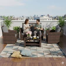 Image of Rattan Furniture Set 4PCS Table Patio Garden Armchair Sofa Glass Coffee Brown