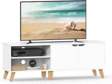 Image of White TV Stand Unit Cabinet VASAGLE 2 Doors Adjustable Shelves Long Living Room